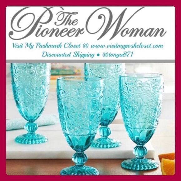 🦋 New Pioneer Woman Amelia 4-Piece Glass Goblet Set, Teal - Picture 1 of 9